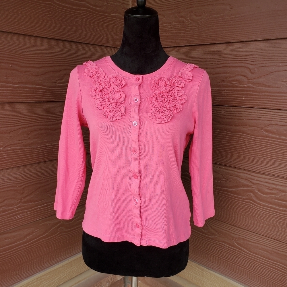 Rafaella Pink Button Up Cardigan with Floral‎ Accents Women's Size Small EUC
